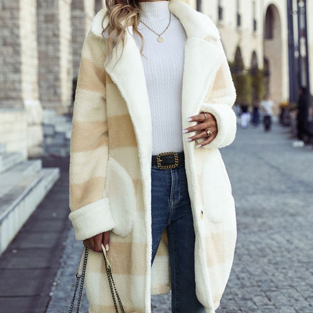 Beige Warm Plaid Button Coat - Picture 2 of 8